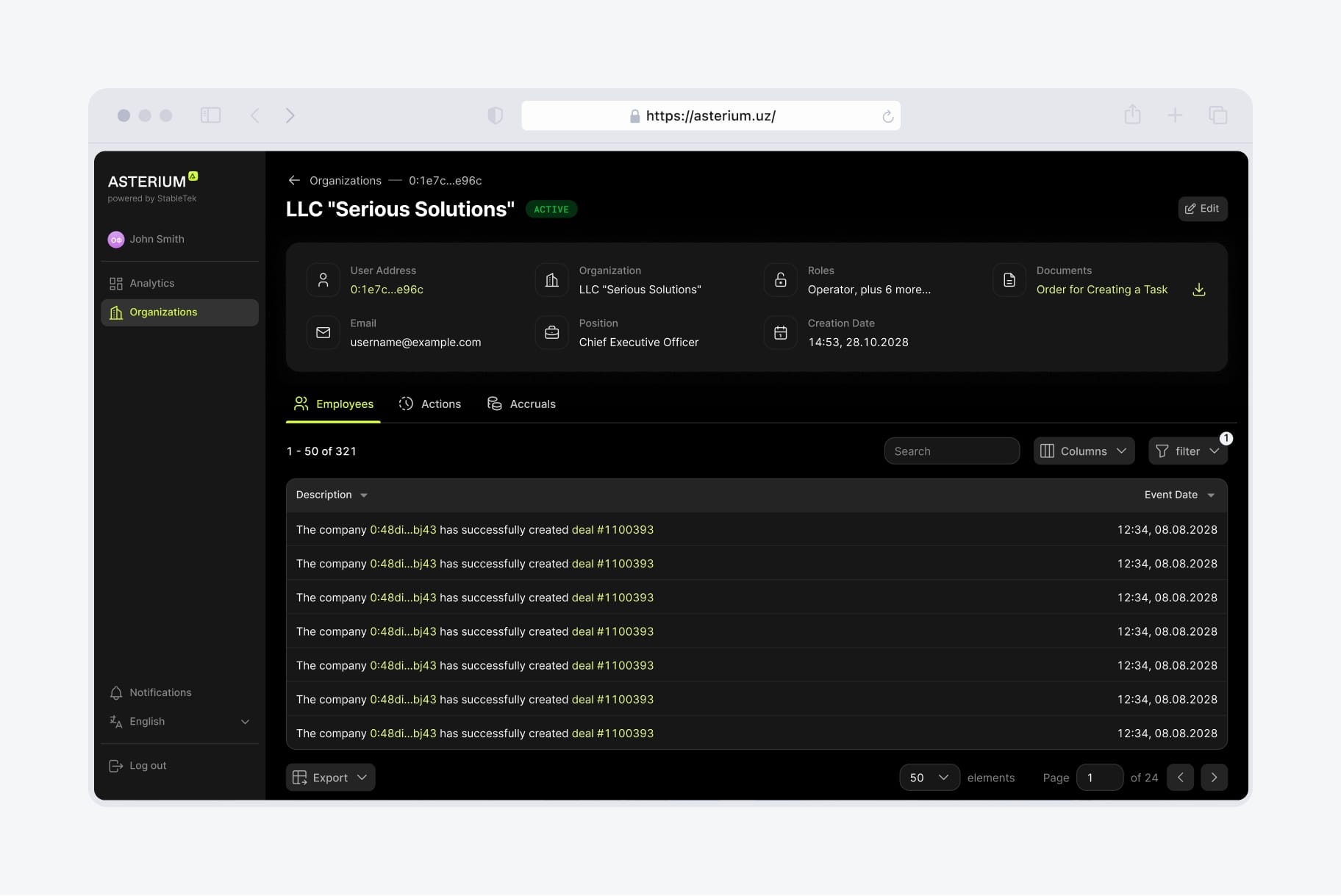Organisations, users and roles — screens